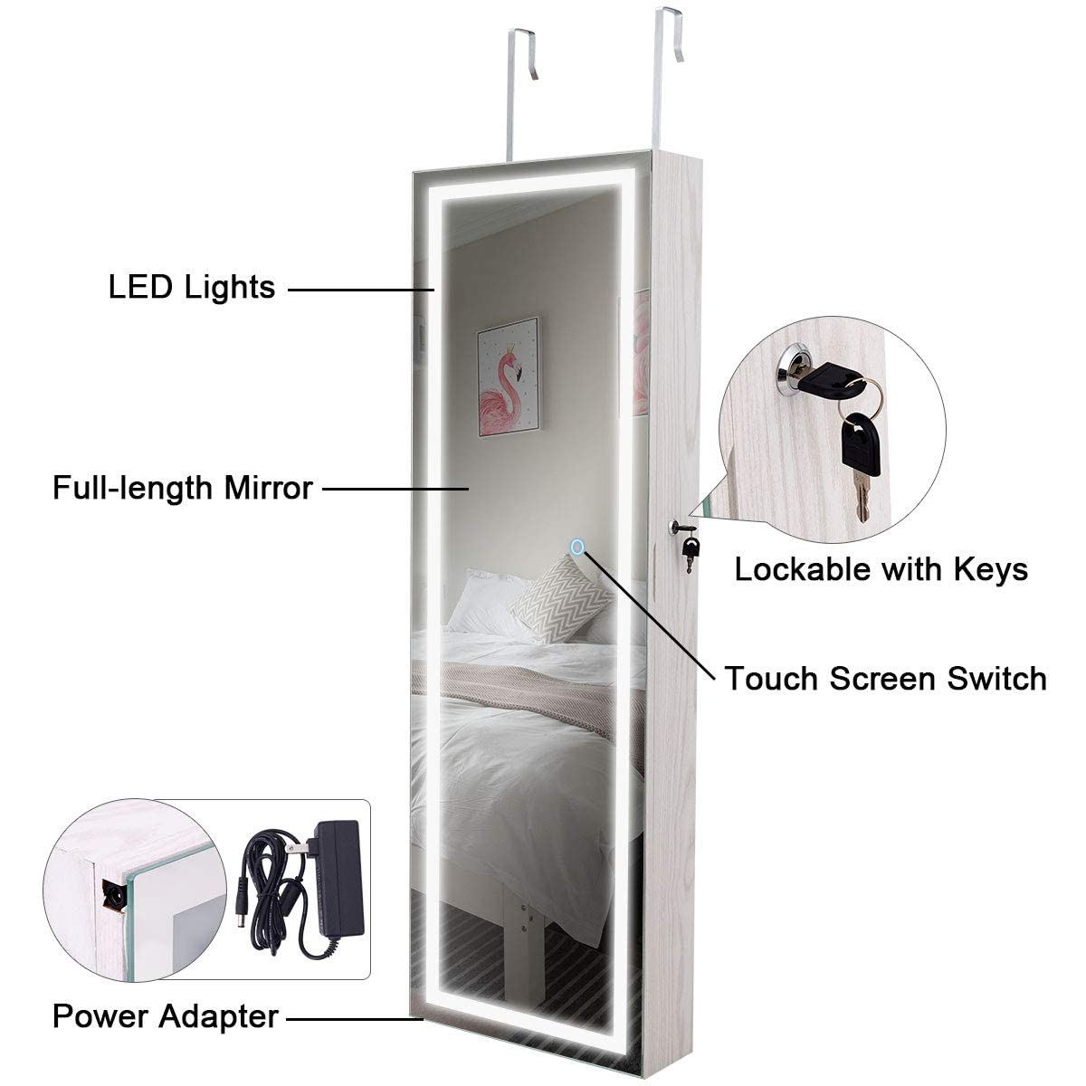 OFFICEJOY 47.5’’ Wall/Door Mounted Jewelry Mirror Cabinet with 3 Adjustable Height, Lockable Jewelry Armoire with LED Touch Screen Mirror, Makeup Full Length Mirrored Jewelry Organizer (White)