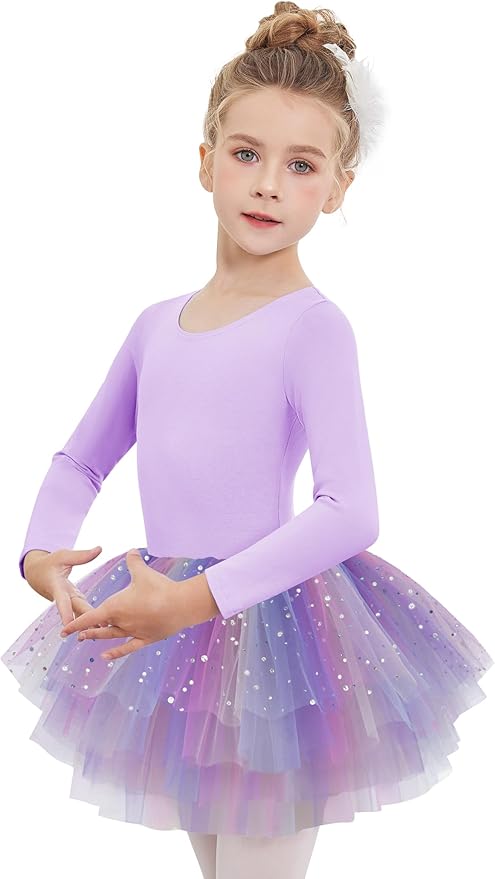 Zaclotre Girls Ballet Leotards 4-Layers Tiered Long Sleeve Dance Tutu Dresses Party Costumes for Ballerina