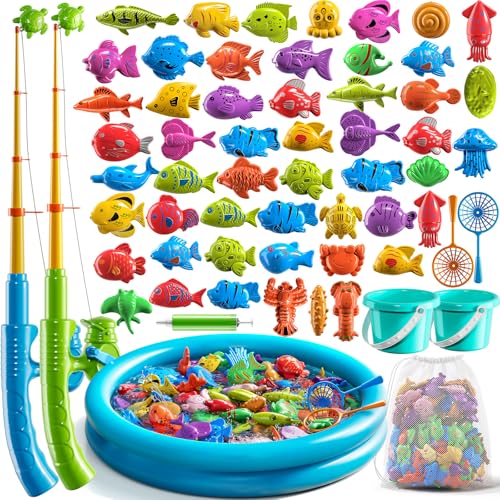 NIPLOOOW Pool Fishing Toys Games, Water Table Bathtub Toy with Inflatable Pool Pole Rod Net Plastic Floating Fish, Birthda...