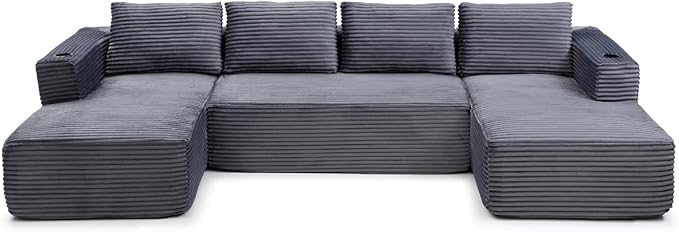 132 Inch Modular Sectional Sleeper Sofa, Boneless Cloud Couch for Living Room, U Shaped 5 Seat Sofa with 2 Cup Holders, Free Combination, No Assembly Required (Grey)