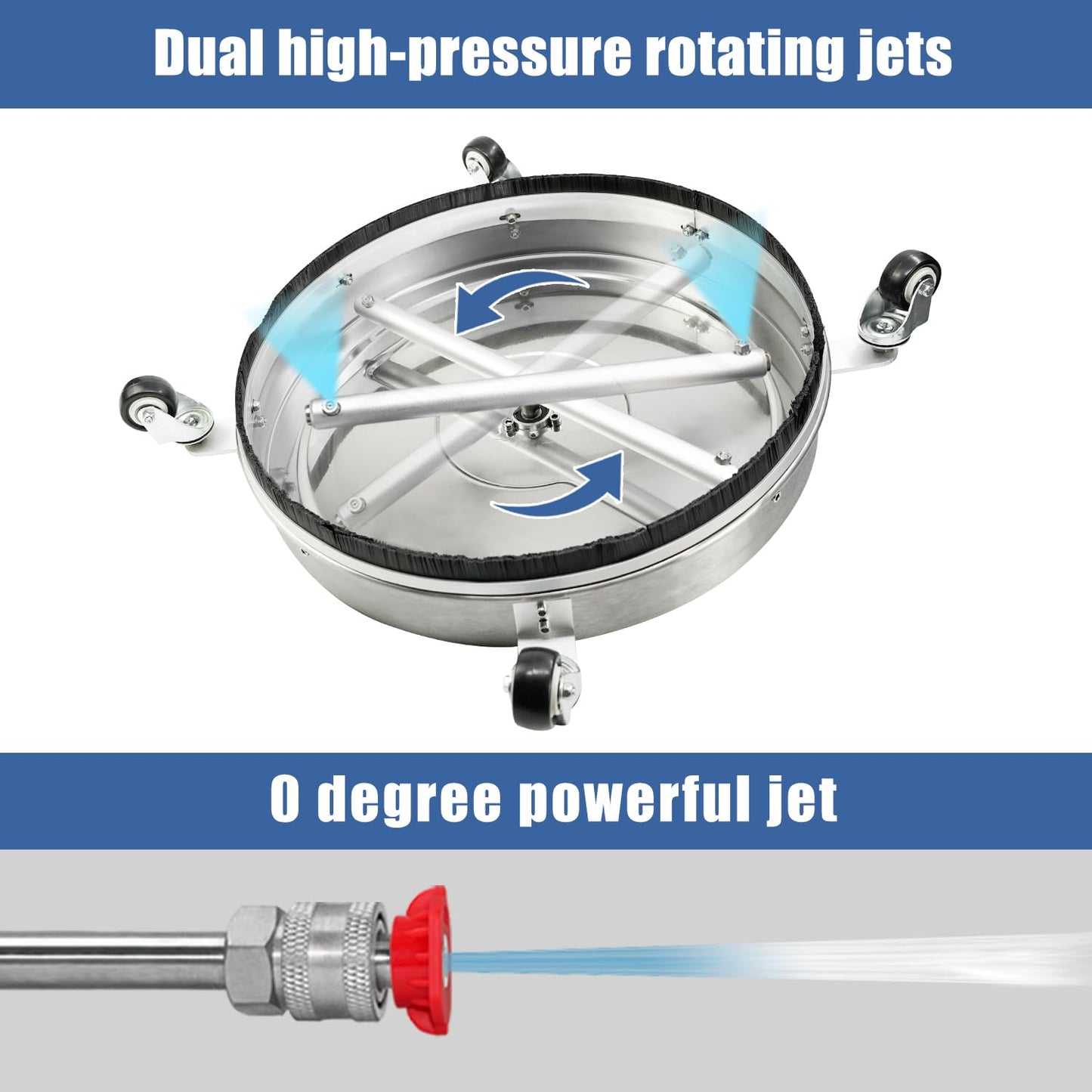 JANZ 20'' Pressure Washer Surface Cleaner with 4 Wheels, Stainless Steel Housing, 1/4" Quick Plug, 2 Extension Wands, 2 Replacement Nozzles and 3 Spray Nozzles, 4000 PSI