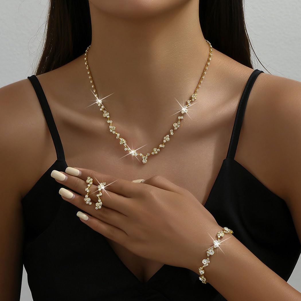 Unicra Bride Crystal Necklace Earrings Set Bridal Wedding Jewelry Sets Rhinestone Choker Necklace Costume Jewelry Set for Women