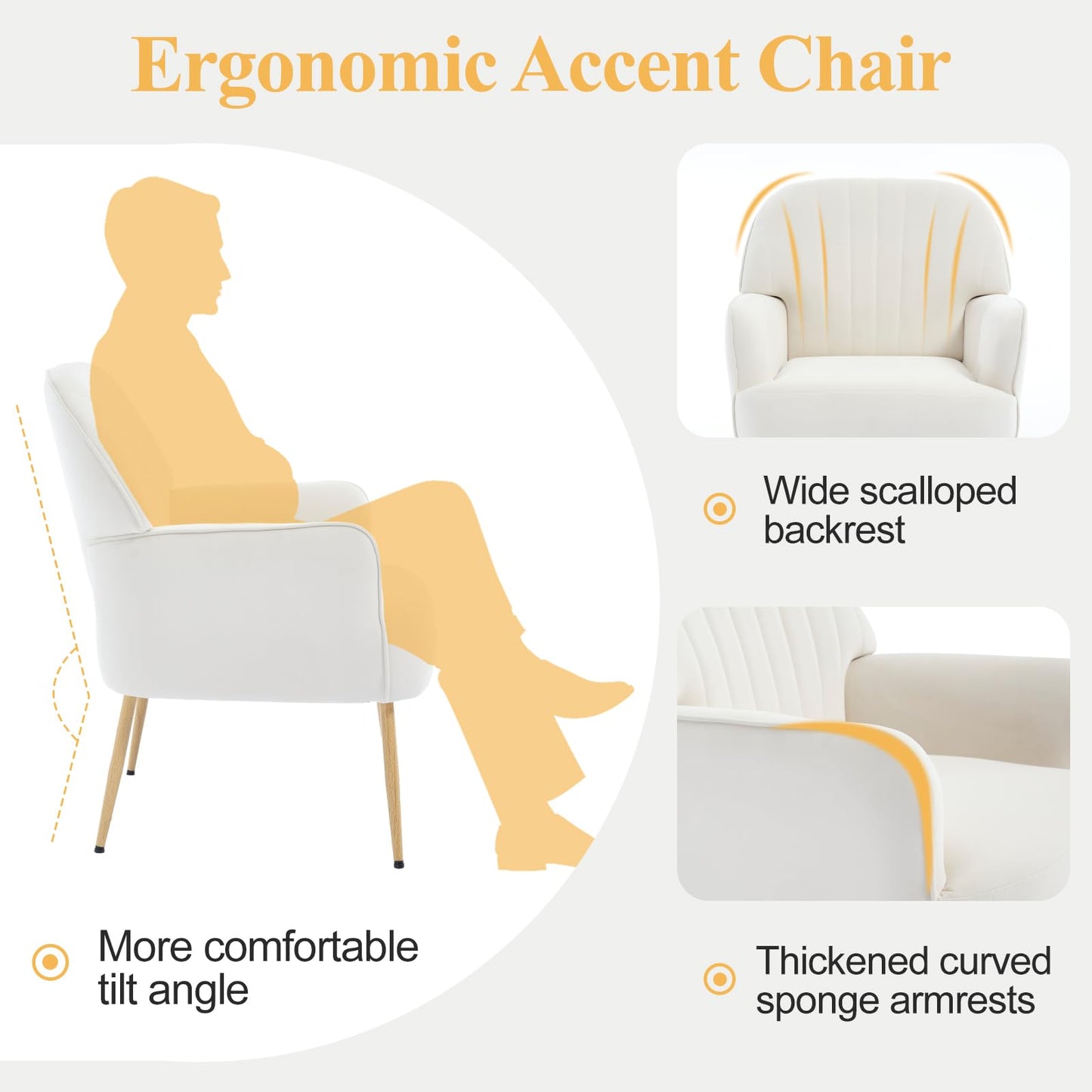E-Motie Velvet Accent Chair, Modern Upholstered Living Room Chairs, Luxury Single Sofa Armchair with Metal Legs, Comfy Barrel Chairs for Living Room, Bedroom, Waiting Room, Office and Cafe, Beige