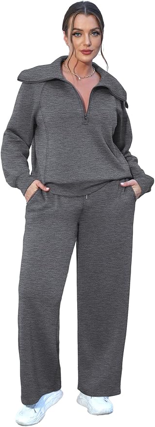 XIEERDUO Lounge Sets For Women 2025 Half Zip Sweatshirt And Wide Leg Sweatpant 2 Piece Outfits Sweatsuit Tracksuit
