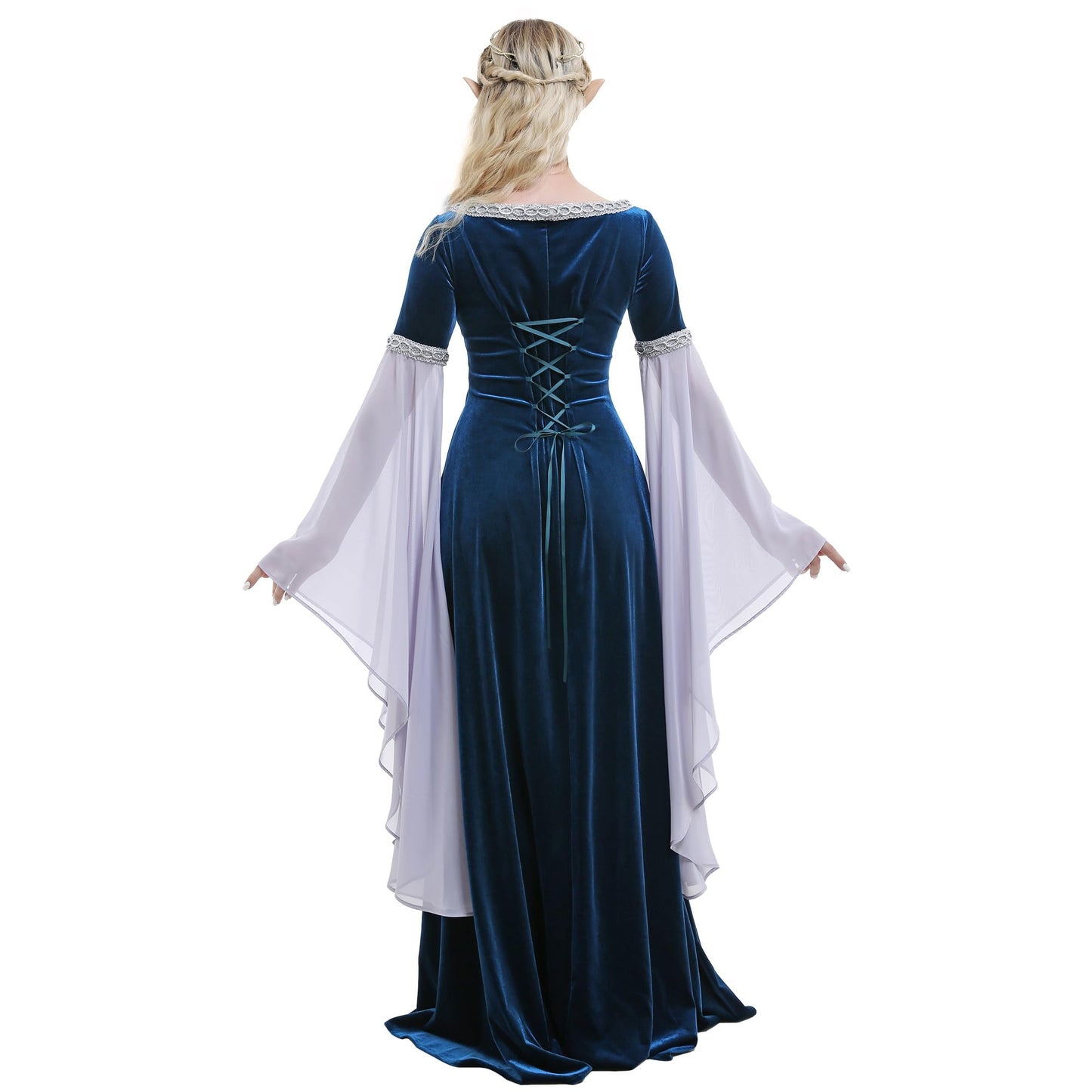 daizbella Medieval Renaissance Costume Dress Handmade Historical Rretro Dress Velvet Gown with Chiffon Sleeves Blue