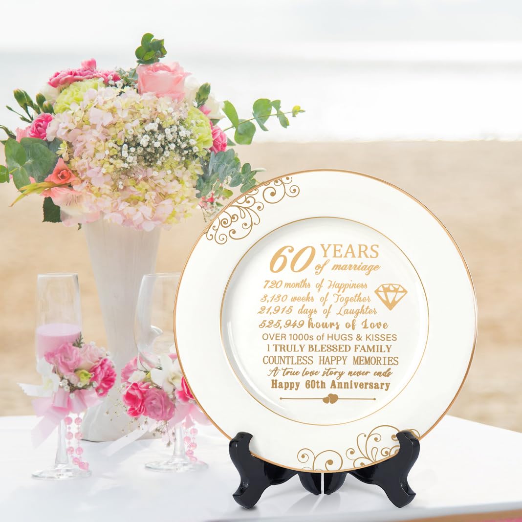 Urllinz 60th Anniversaty Plate with 24k Gold Foil - 60 Year Diamond Anniversary Wedding Gifts for Parents Couple Grandparents, Ceramic 9"