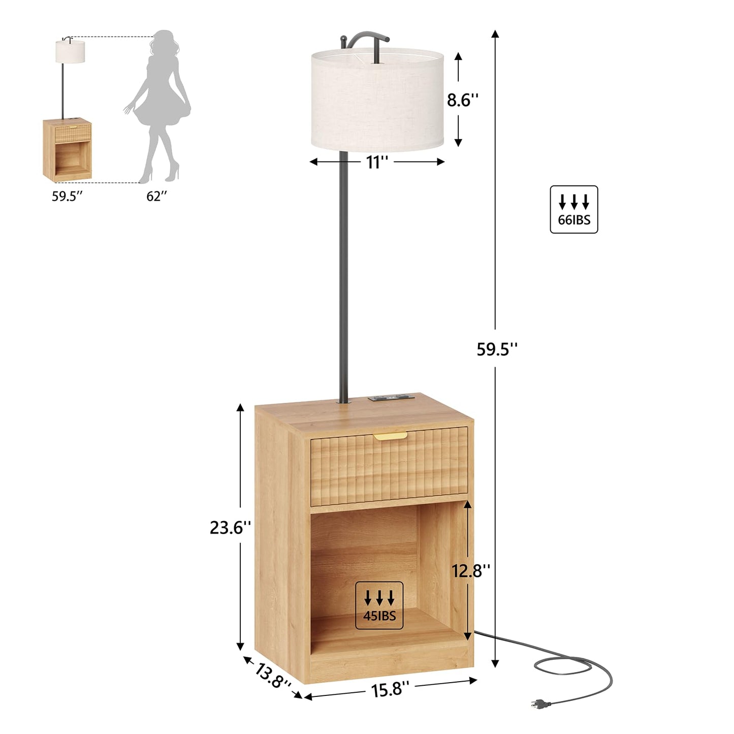 TVU Floor Lamp with Table & Drawers, End Table with Lamp and Charging Station, Modern Fluted Side Table Lamp with 3 Color Temperature Led Bulb, Floor Lamps for Living Room, Natural
