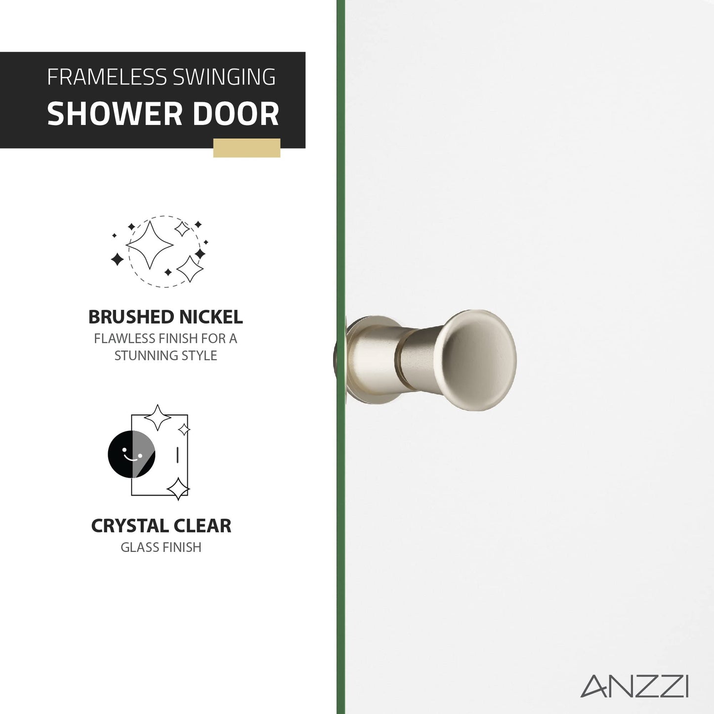 ANZZI 72-in.x33.5-in. Frameless Swinging Shower Door, Resistance Free Hinges for Smooth Opening and Closing, Reversible Installation, Clear Tempered Glass in Brushed Nickel Finish (SD-AZ14-01BN)