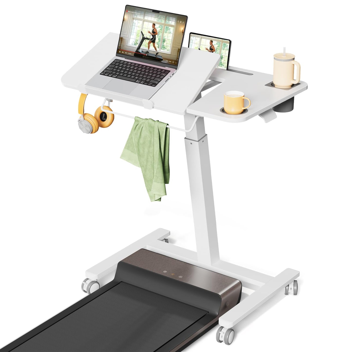 JOY worker Mobile Standing Desk for Treadmill, 31.5" Small Pneumatic Height Adjustable Walking Pad Desk, 40° Foldable Rolling Bike Trainer Stand Table on Wheels with Cup Holder & Towel Rack, White