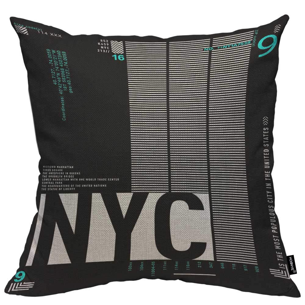HOSNYE New York District Throw Pillow Case Cushion Covers NYC City Building City Logo Cotton Linen for Couch Bed Sofa Car Waist 18 x 18 inch