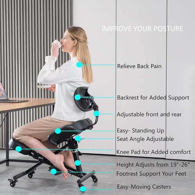Ergonomic Kneeling Chair with Back Support and Wheels for Office, Adjustable Balance Chair for Home,Black