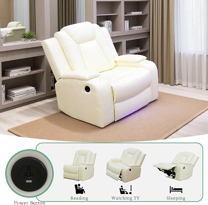 Dekmxas Modern Power Reclining Chair Set, Creamy White Breathing Leather Sofa Couches, Living Room Sofa Sets Power Recliner Sofa Set with LED Light for Living Room & Apartment & Home & RV