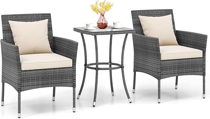 KOTEK 3 Pieces Patio Furniture Set, PE Rattan Outdoor Conversation Set with Tempered Glass Table & Soft Cushions, Wicker Bistro Set for Garden, Porch, Balcony (Off White)