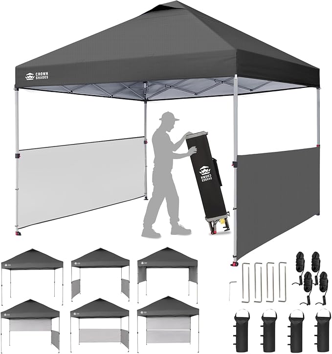 CROWN SHADES 10x10 Pop up Canopy Tent Instant Canopy with 150D Silver Coated Fabric Including 2 Half Sidewalls, 4 Ropes, 8...