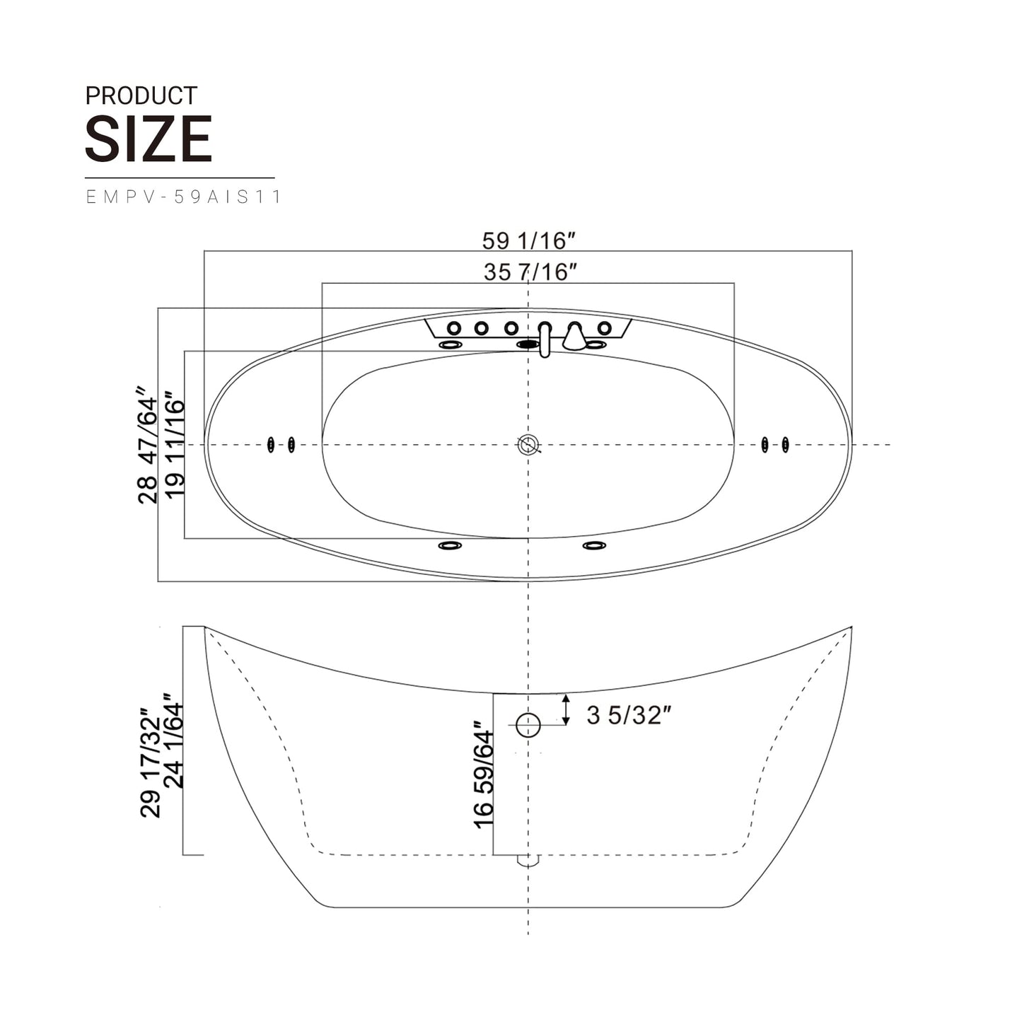 Empava 59 in. Acrylic Freestanding Tub Hydromassage Gracefully Oval Shaped Whirlpool 8 Water Jets Soaking SPA, Double-Ended Massage Bathtub with 2 Black Pillows