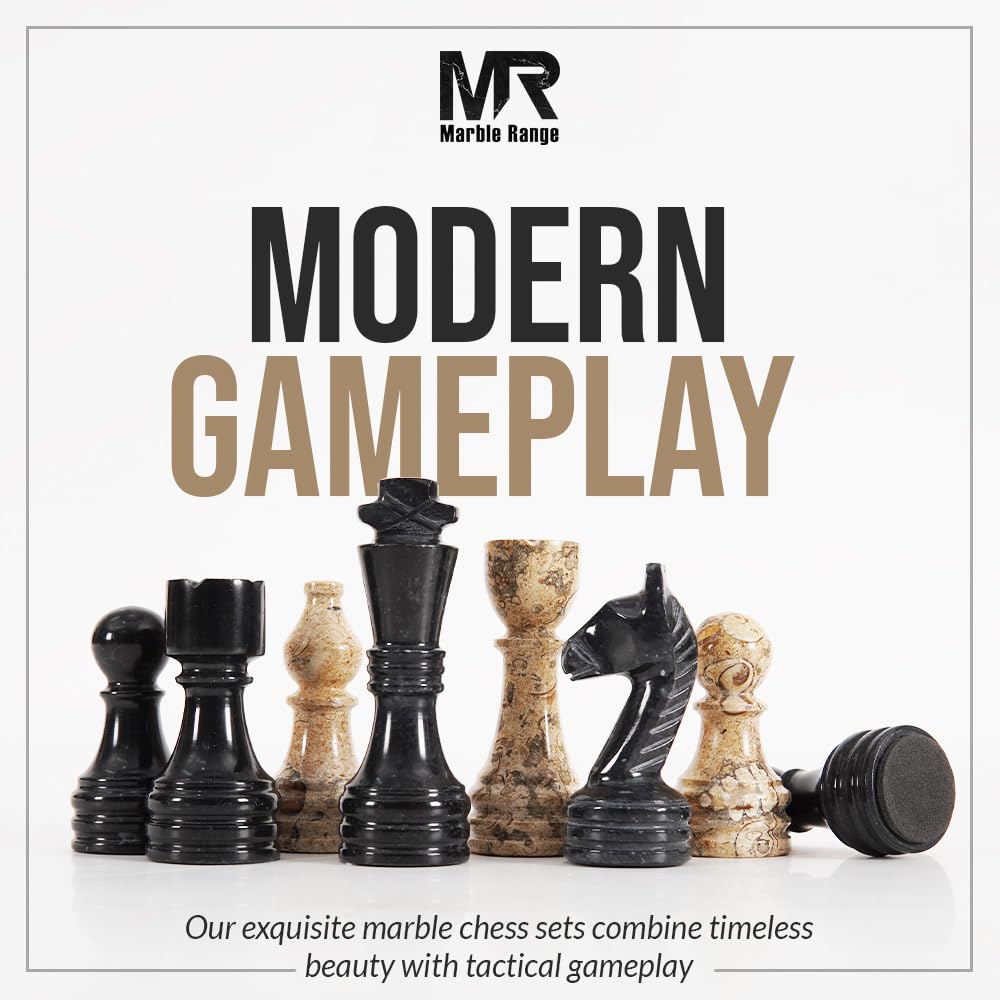 Marble Chess Set for Adults 15" Handmade Black & Coral Board Game with 32 Chess Pieces, 2 Extra Queens & Storage Box, Luxury Travel Game – Elegant for Home Decor