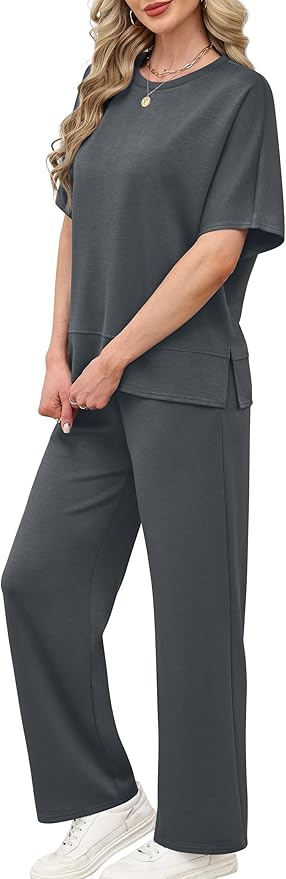 XIEERDUO Women's Side Slit Lounge Sets 2 Piece Travel Outfits Airport Tracksuit Oversized Wide Leg Loungewear S-3XL