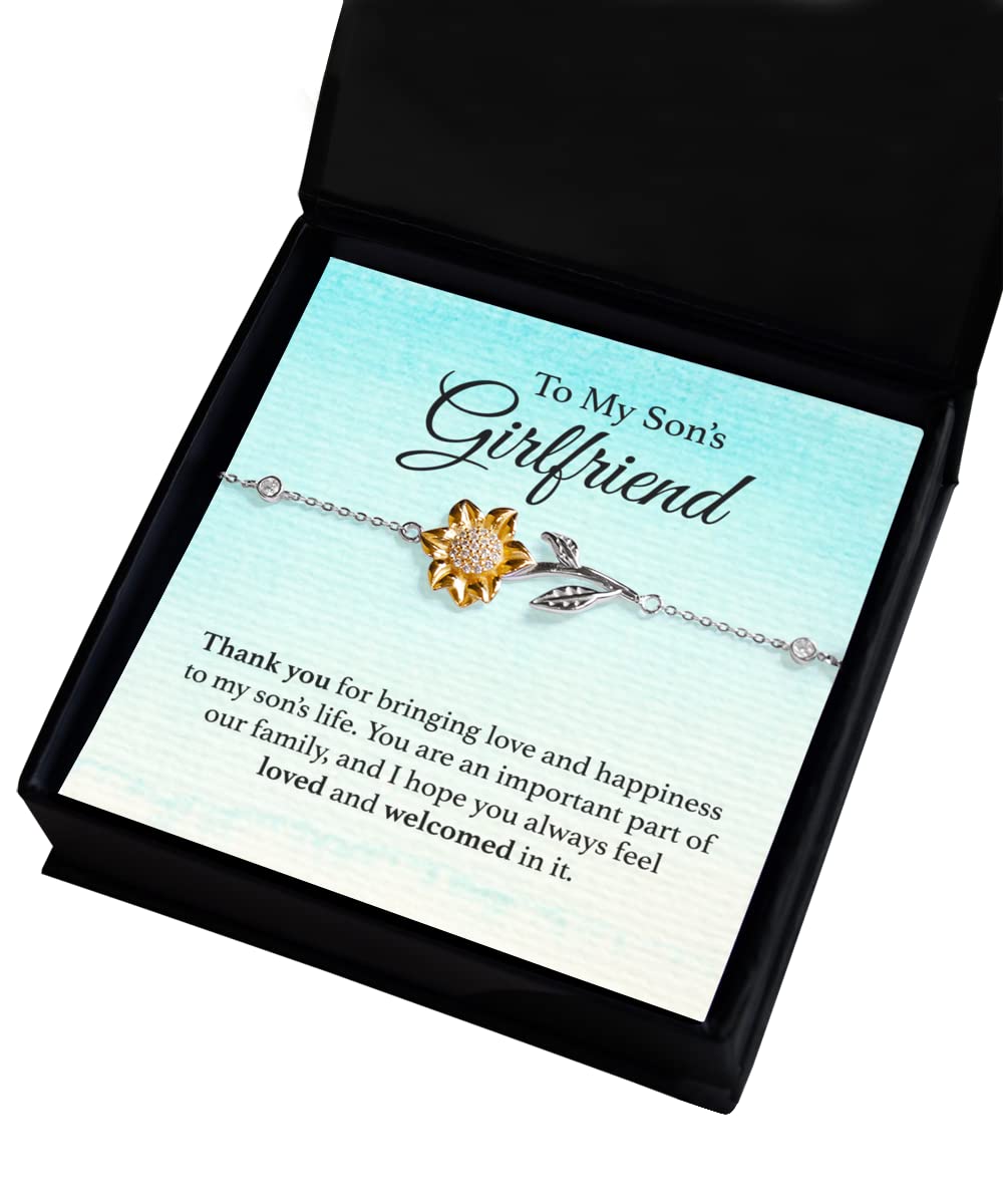 To My Son’s Girlfriend Gift, Sterling Silver and CZ Jeweled Sunflower Bracelet Gift for Son’s Girlfriend
