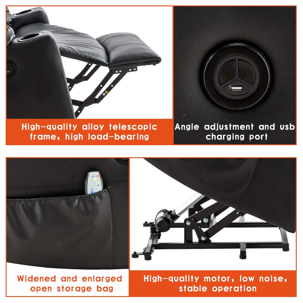 BestMassage Electric Power Lift Chair Recliner Sofa for Elderly Massage Chair, Adjustable Furniture with Vibration Massage and Lumbar Heated,Remote Control,USB Ports for Living Room (Black, Leather)