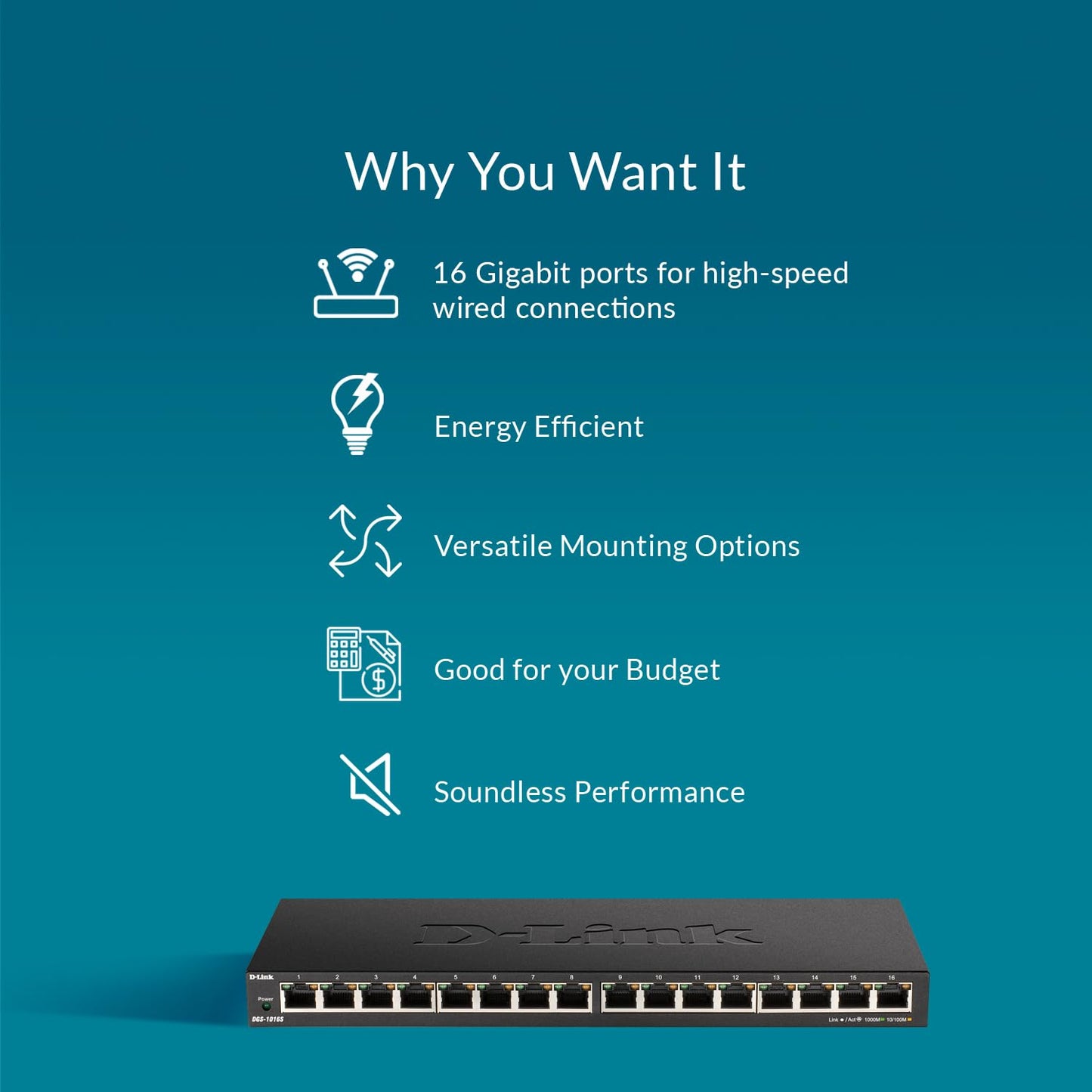 D-Link Ethernet Switch, 16 Port Gigabit Slim Switch Plug And Play, Unmanaged, Metal Housing, Quiet Fanless Design, Ieee 802.3Az
