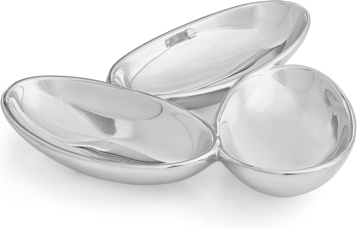 Nambé Tipsy Condiment Server – Modern Triangular Alloy Dish with Three Oval Compartments, Snack and Dip Display for Olives, Nuts, Appetizers, Hors d’Oeuvres, or Small Bites, Decorative Table Accent
