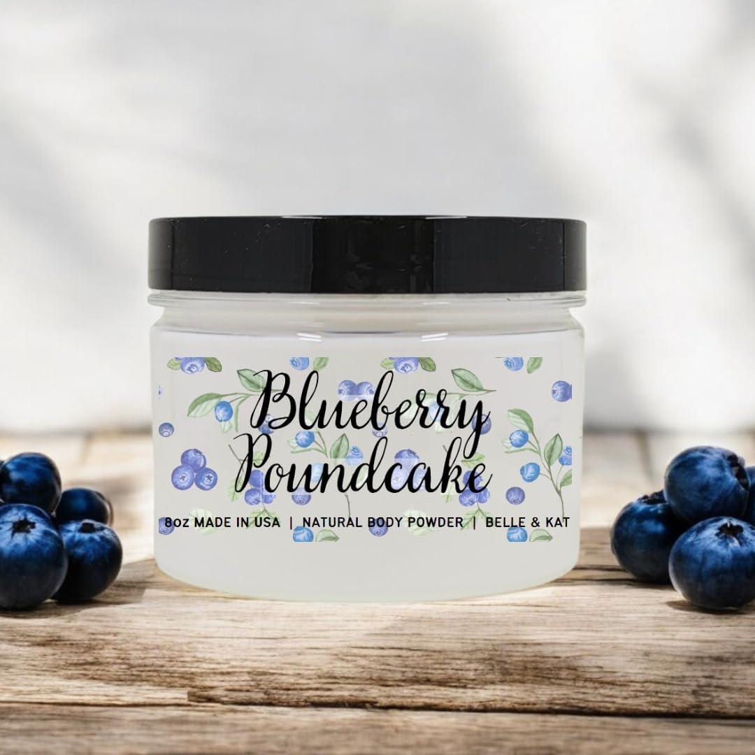 Body Powder for Men & Women Scented Blueberry Poundcake, Bath Perfume Dusting Powder with Fragrance & Essential Oils, Talc Free 8oz Container, Made in USA
