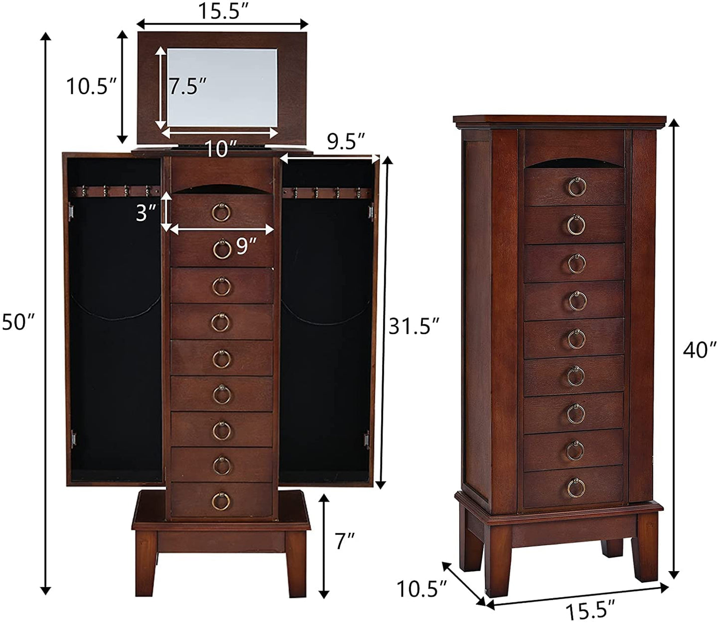 FANTASK Standing Jewelry Armoire Cabinet, Wooden Jewelry Storage Chest w/Flip Top Mirror, 9 Drawers & 2 Side Doors, Bedroom Armoire with Large Storage, Walnut
