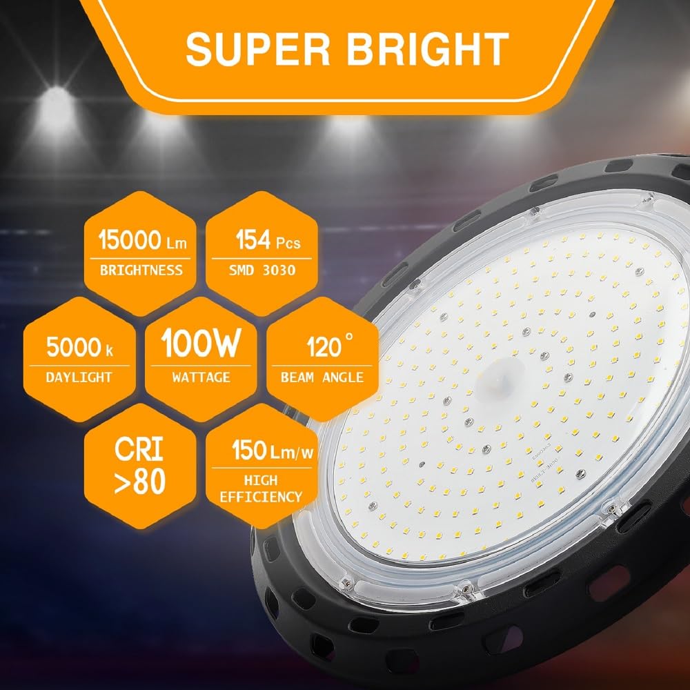 BEULT High Bay Led Shop Lights 100W 15000LM (Equiv. 400W MH/HPS) UFO Led High Bay Light for Shop Warehouse Workshop Factory 1Pack AC100-277V