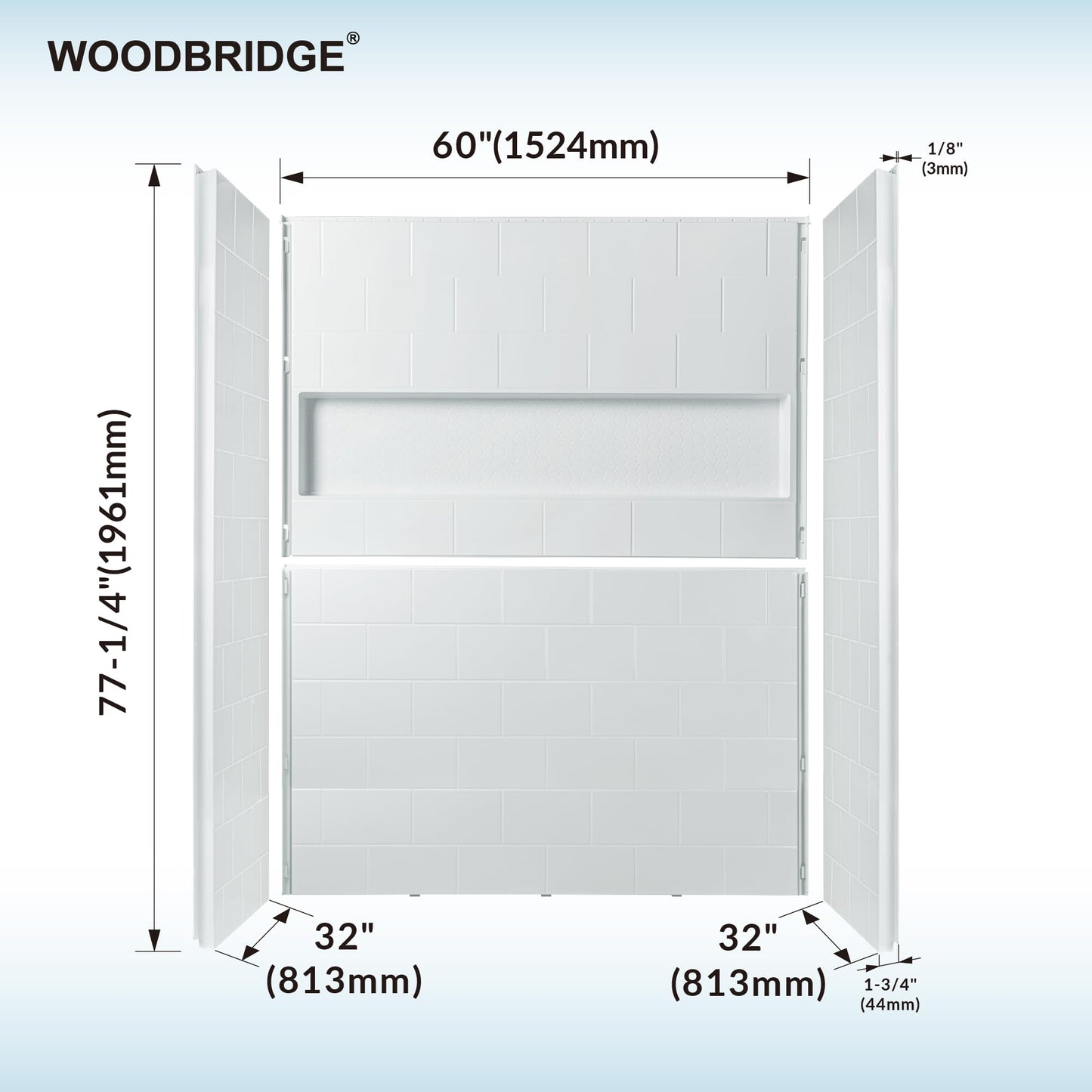 WOODBRIDGE 4-Piece Tile-style Shower Wall Panel Surround Kit, 60"W x 32"D, Staggered Brick Pattern, Easy to Install, High Gloss White Finish