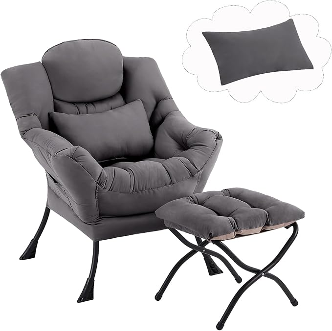 Furlide Lazy Chair with Ottoman, Comfy Fabric Accent Lounge Arm Chair with Lumbar Pillow and Folding Footrest, Reading Leisure Sofa Armchair for Bedroom, Living Room, Dorm,Dark Grey