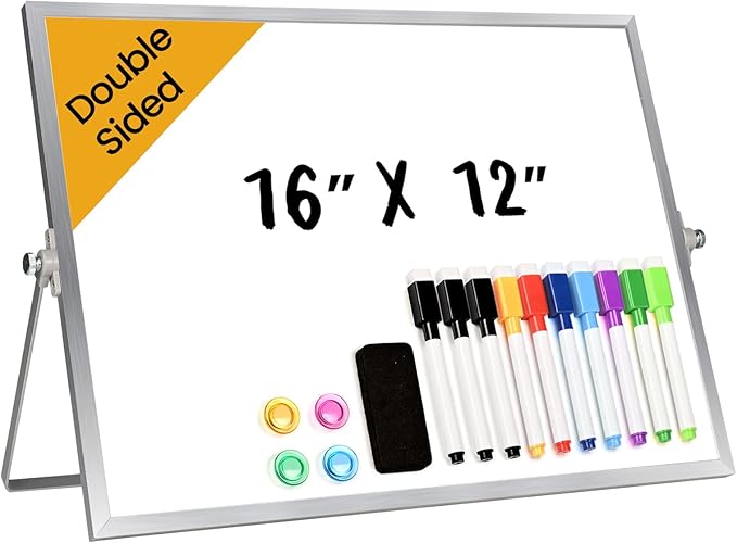 Lumspax Desktop Whiteboard with Stand, 16" x 12" Double-Sided Dry Erase Board with Stand, Portable Stand White Board for O...