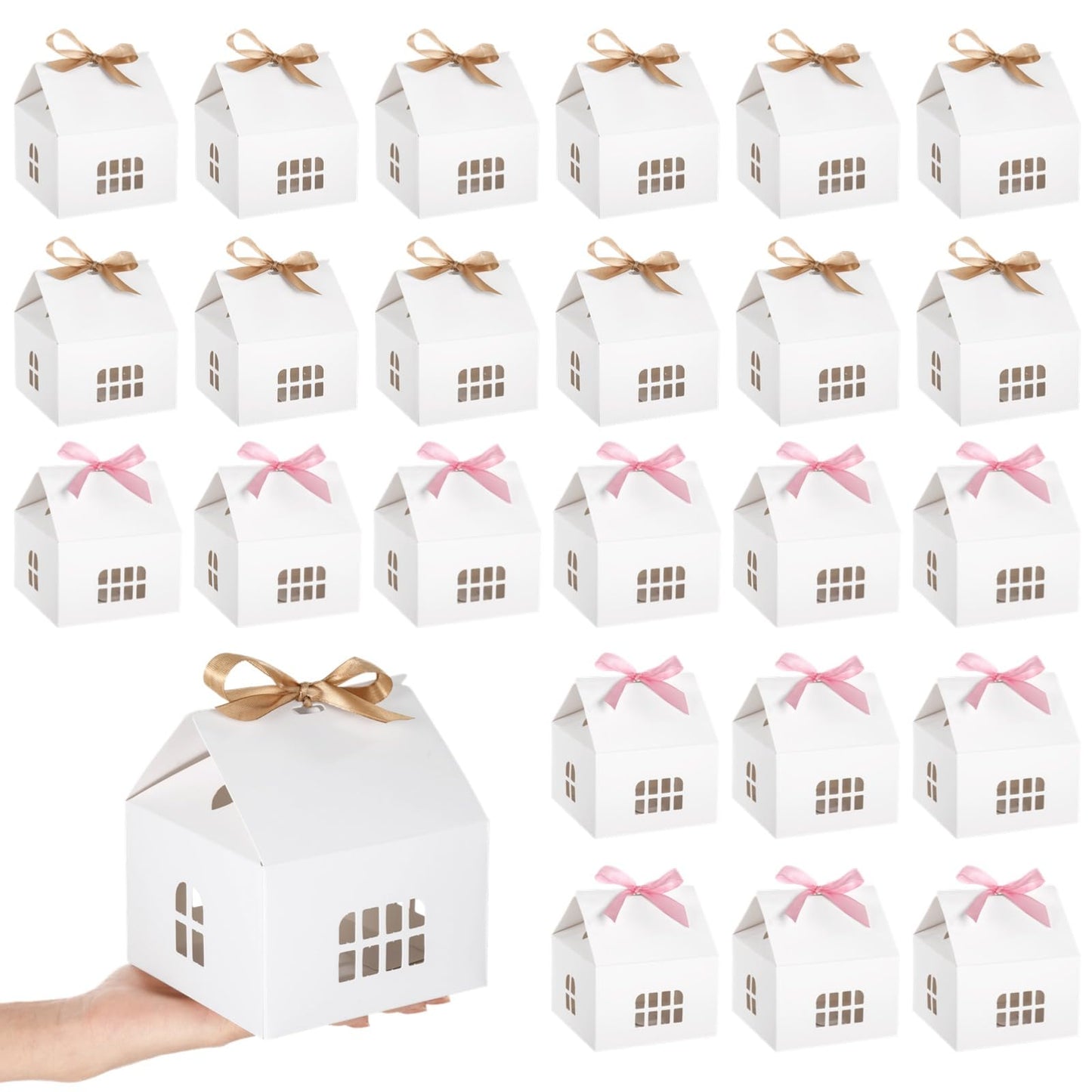 OMISTAR House Shaped Gift Boxes - 50 Pcs House Shaped Paper Bakery Packaging Candy Box With Gold & Pink Ribbons Cardboard Treat Boxes For Present Giving, Candy Boxes For Bridal Shower, Party
