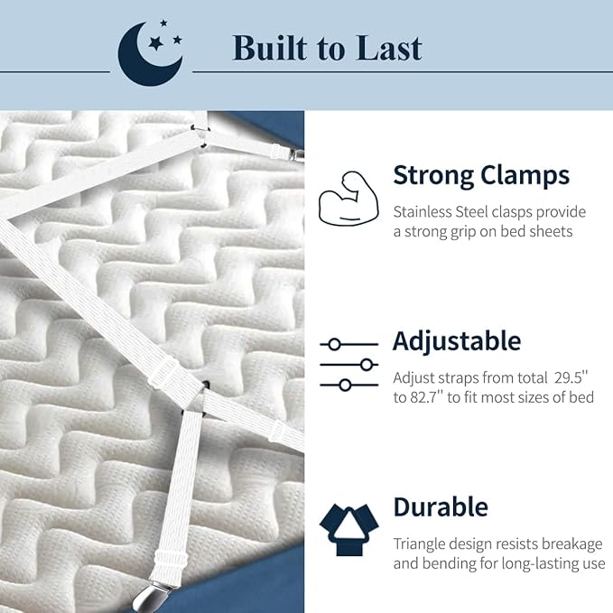Sopito Sheet Straps, Adjustable Bed Sheet Suspenders Max Stretch from 29.5 in to 82.7 in Compatible for Crib to King Size Bed, Non Slip Holder Fasteners Clips, 2pcs/White