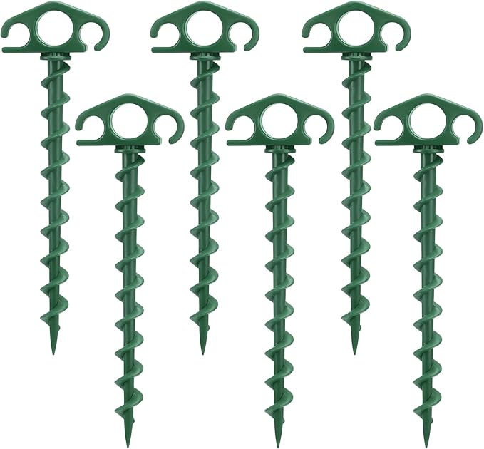 COBARYEN Tent Stakes Ground Anchors Screw in, 6 Pack Sand Stakes for Beach 9.4 Inch Heavy Duty Spiral Tent Pegs for Camping, Party, Hiking, Outdoor Decoration (6, Green)