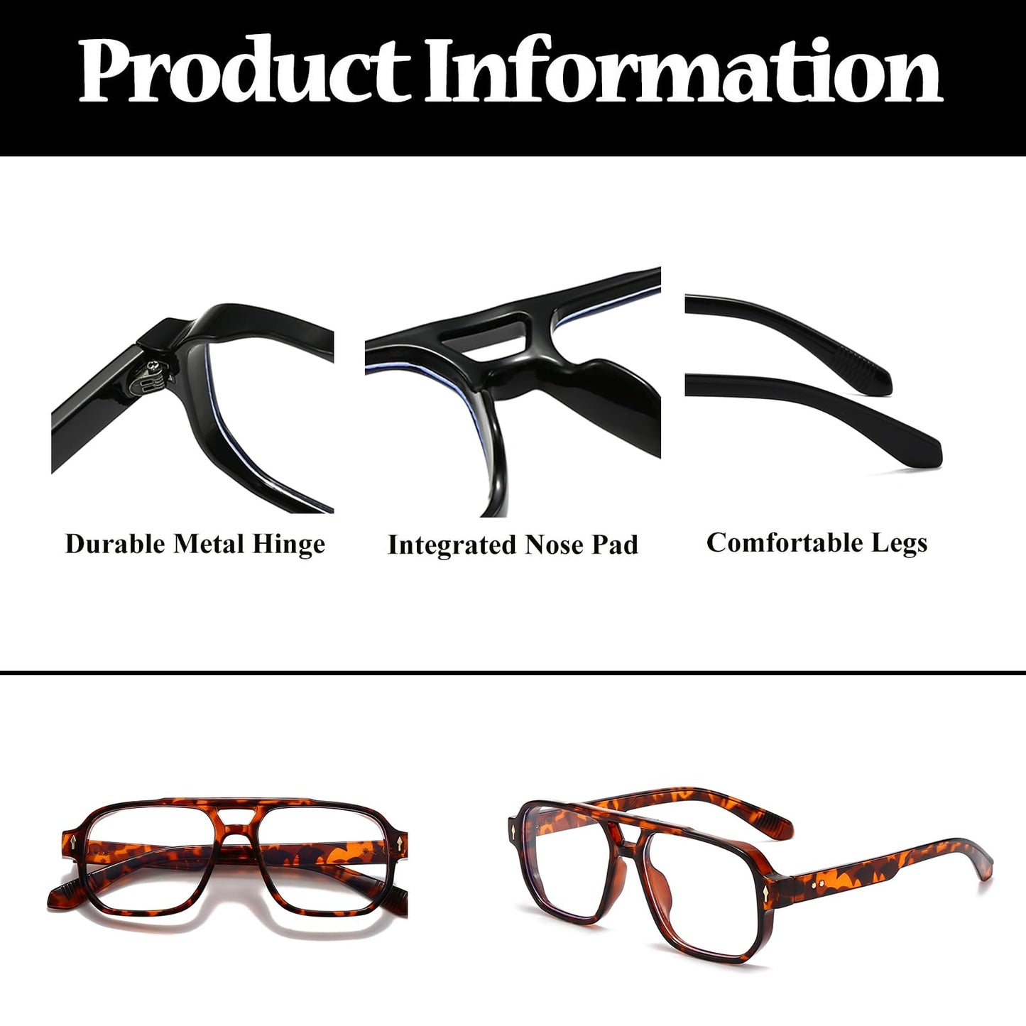 Ljczka Pilot Blue Light Blocking Glasses Women Men 70S Retro Square Frame Oversized Computer Eyeglasses Anti Glare Clear Lens (T