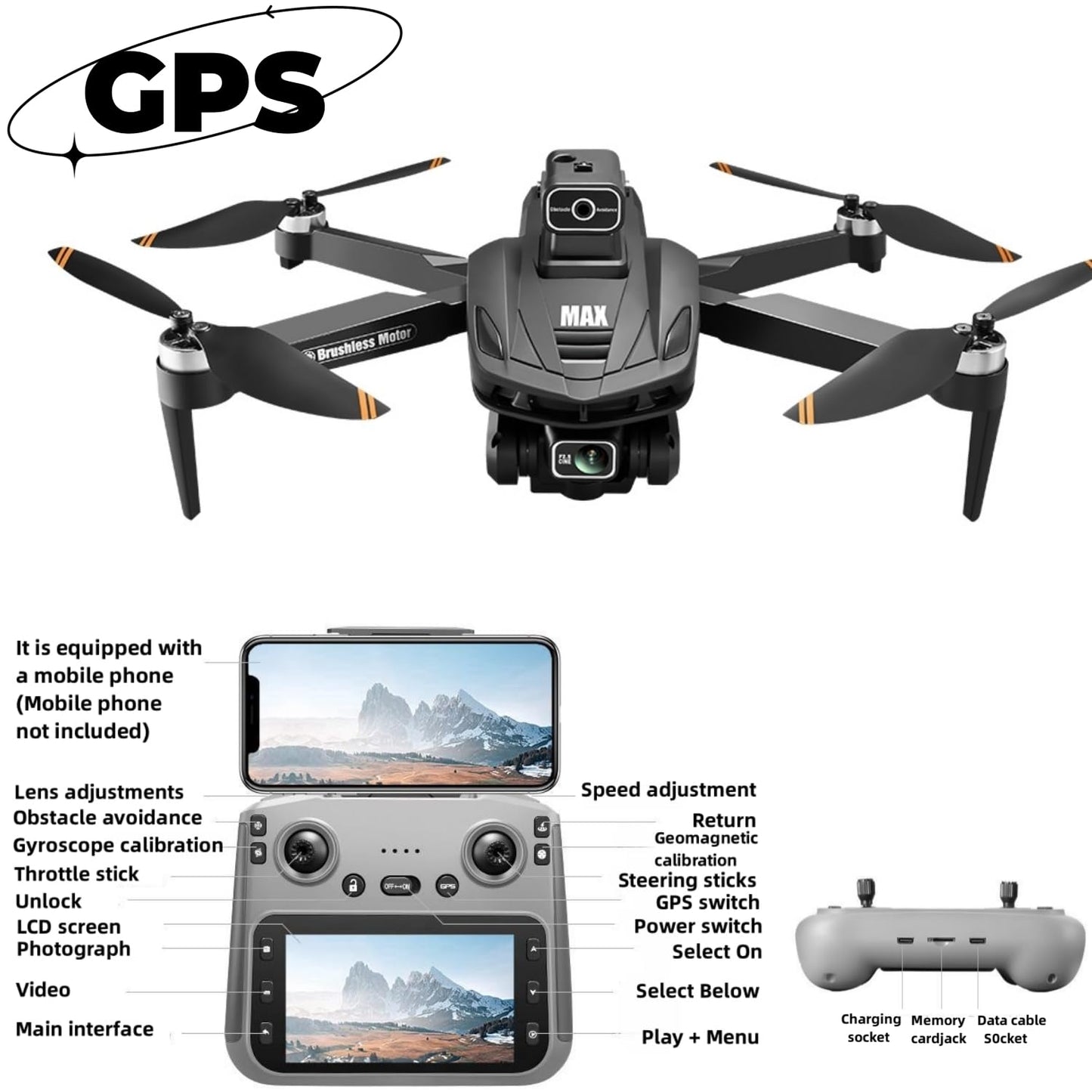GPS Drone with 4K Dual Cameras, 4.5in Large-Screen Remote - Infrared Obstacle Avoidance, LED Night Lights, Brushless Motors, 2 Rechargeable Batteries, FPV Real-Time Transmission, Hovering Altitude Hold Mode, GPS Auto Return, Follow Me Mode - Foldable Ligh
