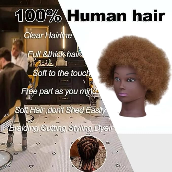 African Kinky-Curly Human Hair Mannequin Head, African Hair Mannequin Head Cosmetology Training Manikin Doll Head Black Mannequin Head for Braiding