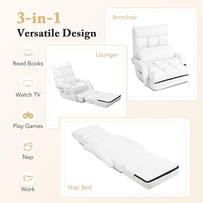 KOMFOTT Foldable Floor Lazy Sofa Chair, Indoor Chaise Lounge Chair with 6 Positions Adjustable Backrest, Detachable Seat Cushion, Armrests & Pillow, Cozy Floor Chair for Living Room, Bedroom (White)