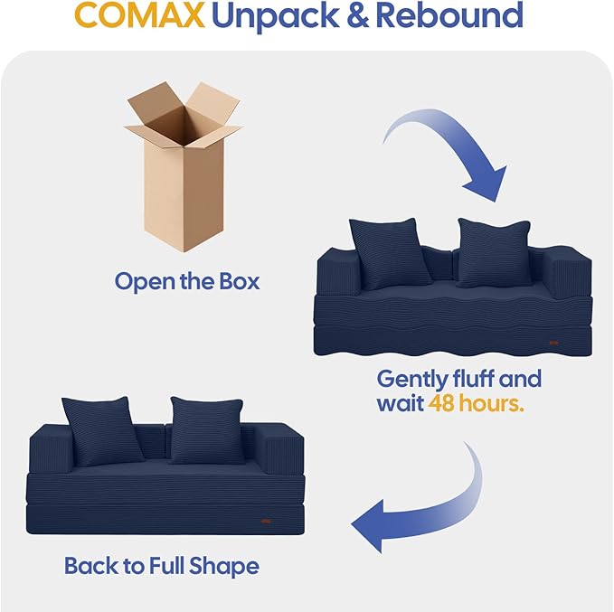 COMAX Futon Sofa Bed, 4‑in‑1 Convertible Sofa Bed, Folding Boneless Couches for Living Room, Fold Out Small Foldable Loveseat Floor Sleeper Comfy Mattress Lounge Space‑Saving, Navy Blue