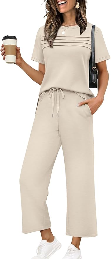 WIHOLL Two Piece Sets for Women Summer Travel Vacation Outfits Short Sleeve Lounge Sets Side Slit Wide Leg Pants S-3XL