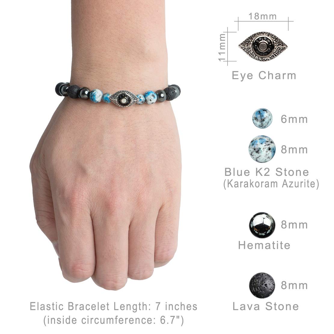 Karseer Vintage Silver and Black Plated Evil Eye Magnetic Energy Balance Anti Anxiety Bracelet Natural Hematite K2 Blue Azurite