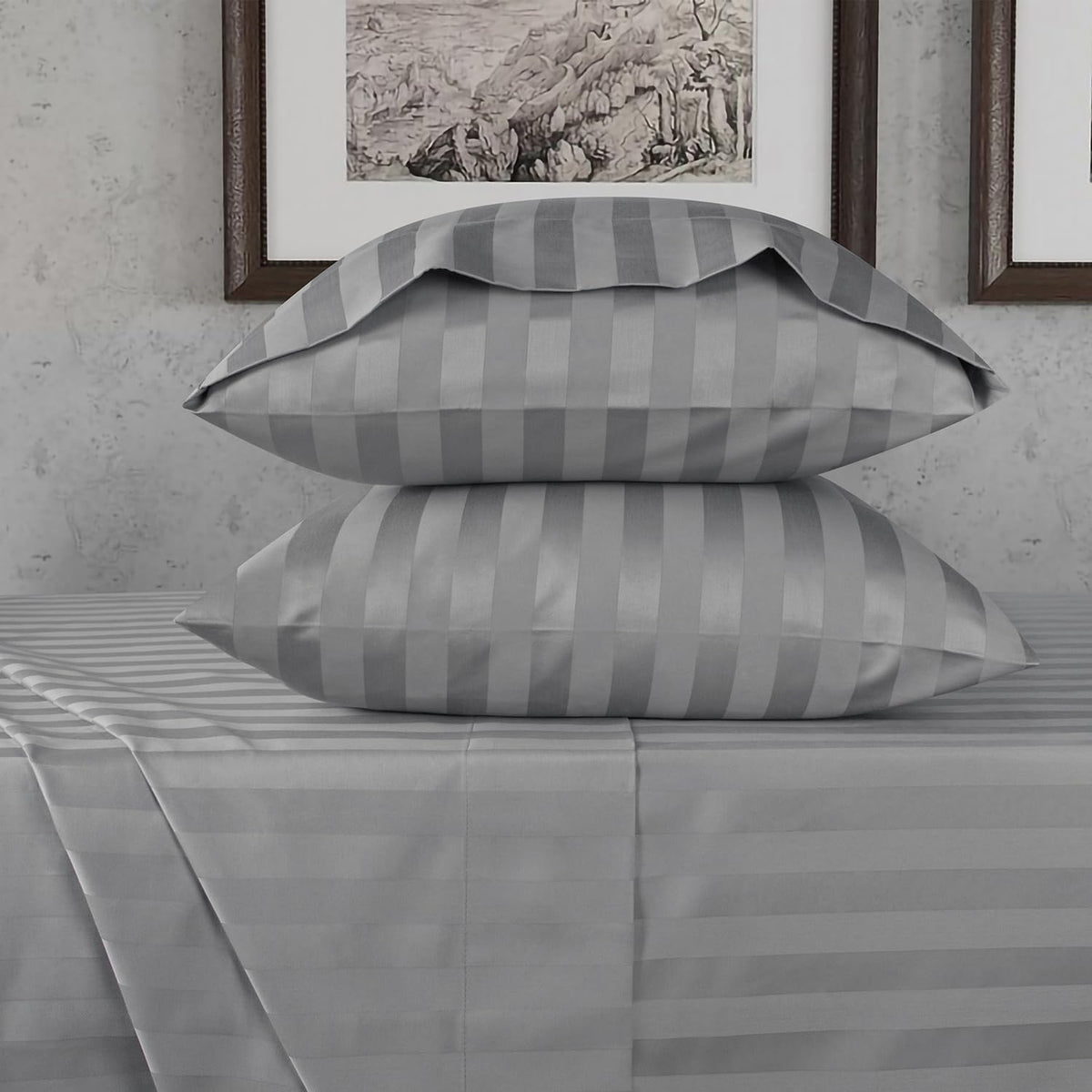 URBANHUT 800 Thread Count Egyptian Cotton Full Size Damask Striped Sheets Set (4 Pc) - Ultra Soft & Smooth, Thick & Crisp Sateen Weave Full Bedsheets, Fits Upto 16" Mattress - Dark Grey