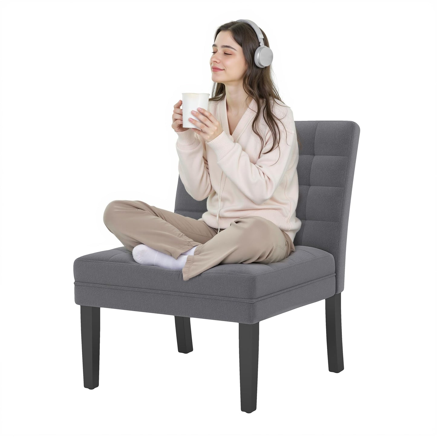 HENGJIANYI Velvet Accent Chair, Upholstered Criss Cross Chair, Wide and Comfy Living Room Chair with Wood Legs, Armless Chair with Button Tufted Back and Seat for Reading Bedroom Waiting Room, Gray