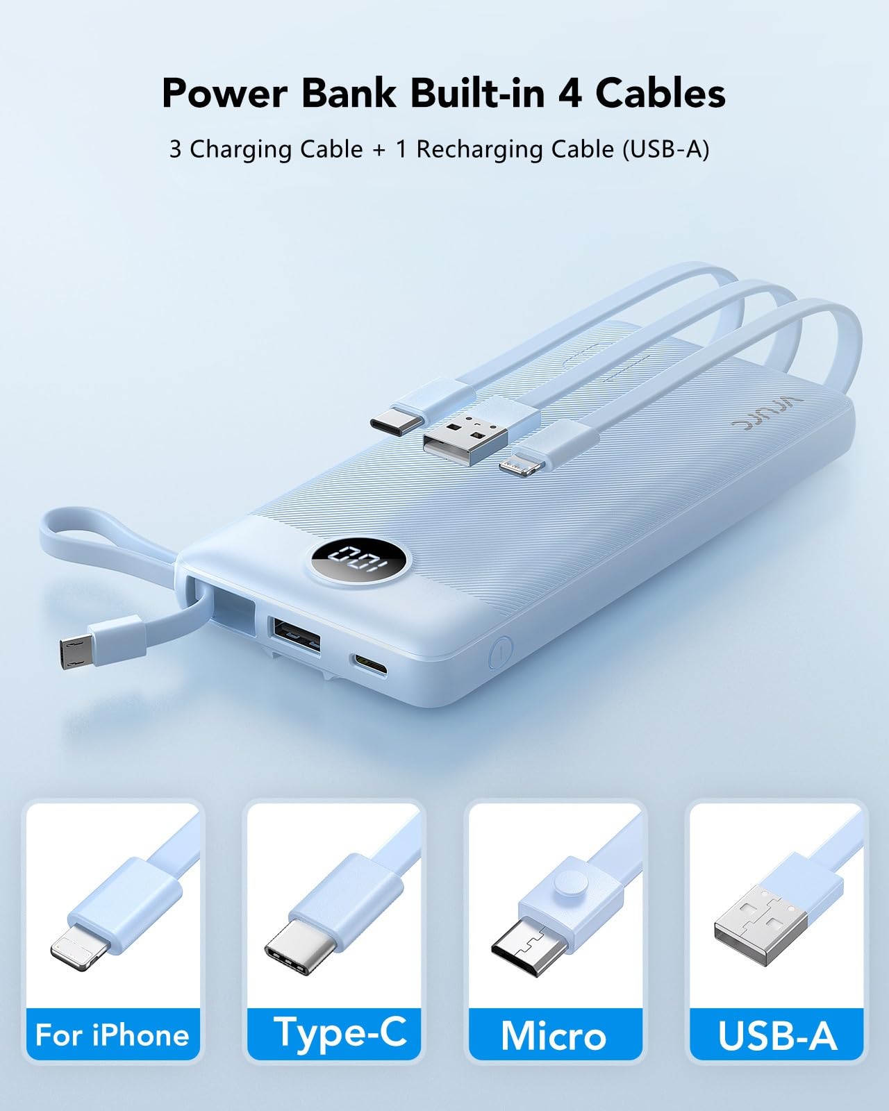 VRURC 10000mAh Power Bank Built-in Cables, Portable Charger with LED Display, Slim Travel Battery Pack with Cords, 5 Output Dual Input Phone Charger for Cell Phone Smart Devcies-Blue(1 Pack)