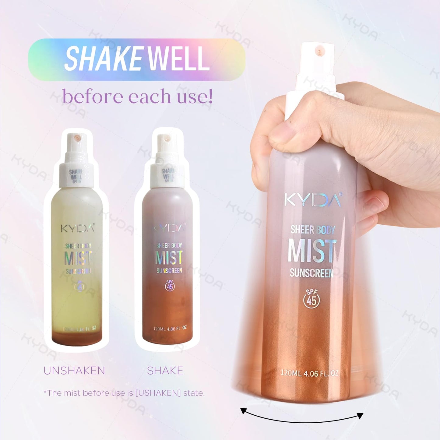 KYDA Sheer Body Sunscreen Mist, SPF 45, Radiant Glow Sunscreen Spray, Infused with Shimmer Body Oil, Ultra-fine Glowing Mist, Qu