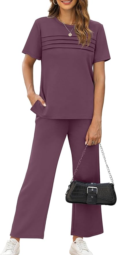 WIHOLL Two Piece Sets for Women Summer Travel Vacation Outfits Short Sleeve Lounge Sets Side Slit Wide Leg Pants S-3XL