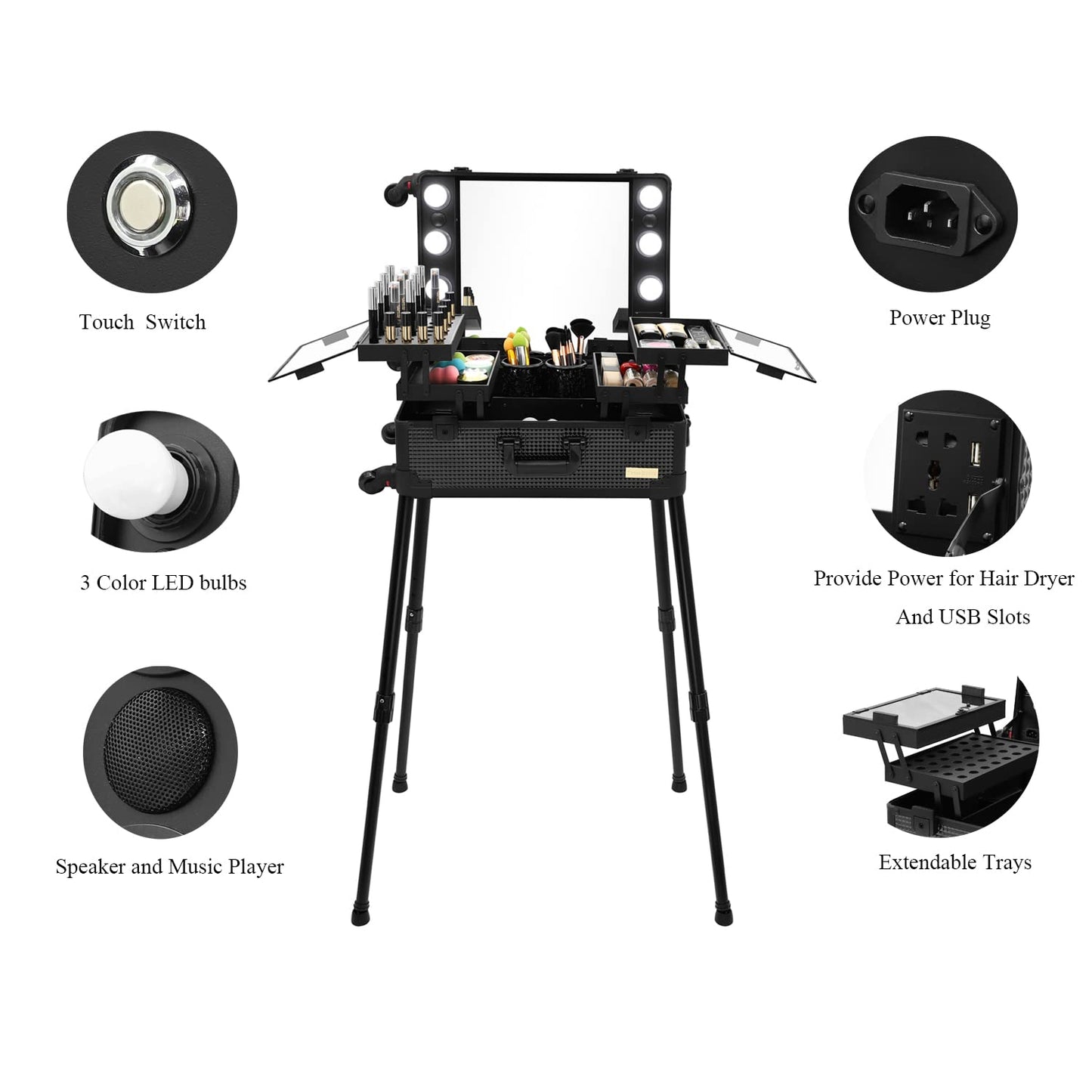 Tense Edano Aluminum Trolley Makeup Train Case with LED Lights Professional Cosmetic Organizer Studio with Speaker, Wheels and Stands Rolling Lighted Makeup Vanity Station for Travel (Black)
