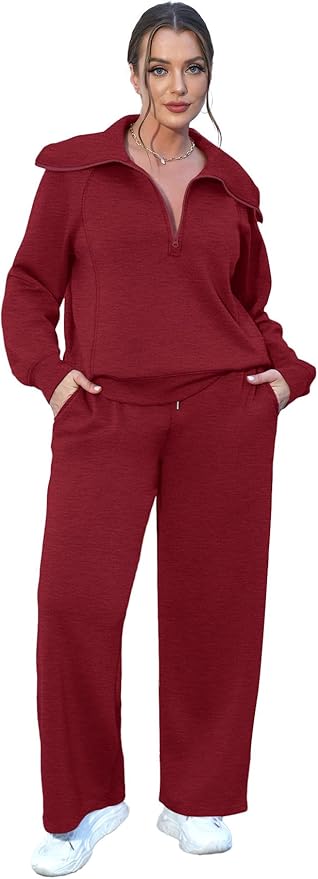 XIEERDUO Lounge Sets For Women 2025 Half Zip Sweatshirt And Wide Leg Sweatpant 2 Piece Outfits Sweatsuit Tracksuit