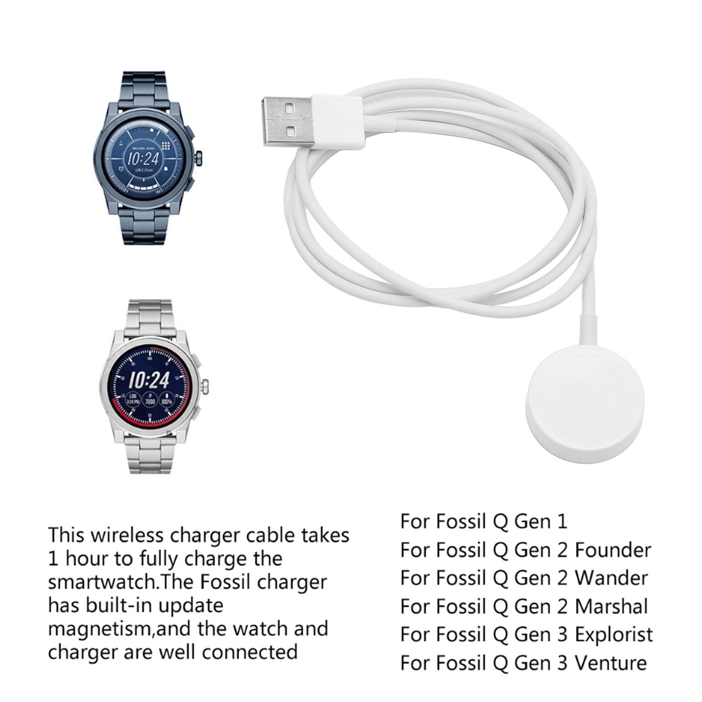 Charger 1 2 3, 3.3Ft 100Cm Usb Smartwatch Charging Cable, Magnetic Smart Watch Charger For Q 1 2 Wander Marshal (White)