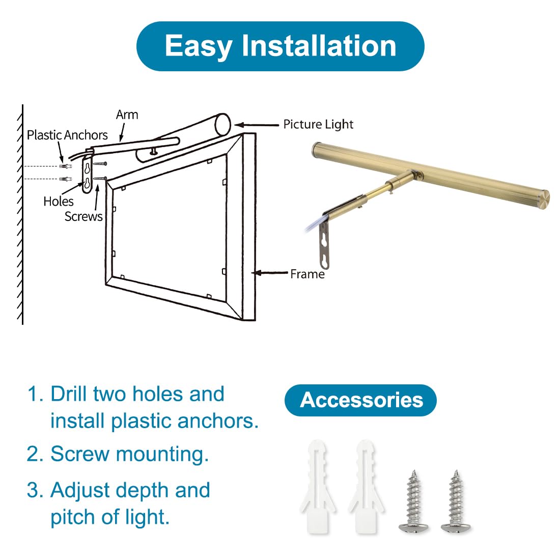 Xbuyee LED Picture Lights for Paintings Plug in, 16inch 6W Adjustable Art Light Gallery Wall Light for Display Art Work, Antique Brass Finish, CRI90+, 3000K Warm White